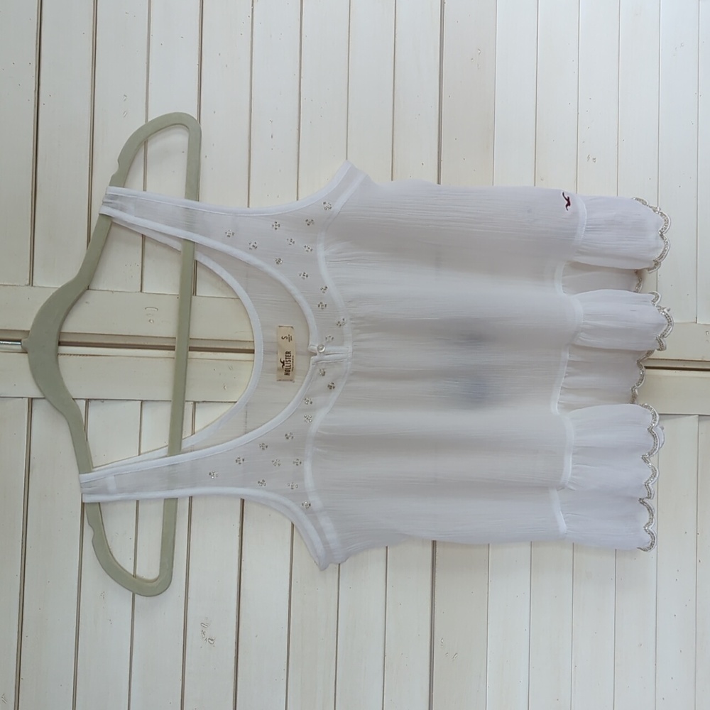 Hollister sheer white flowy top with beaded details Small NWOT